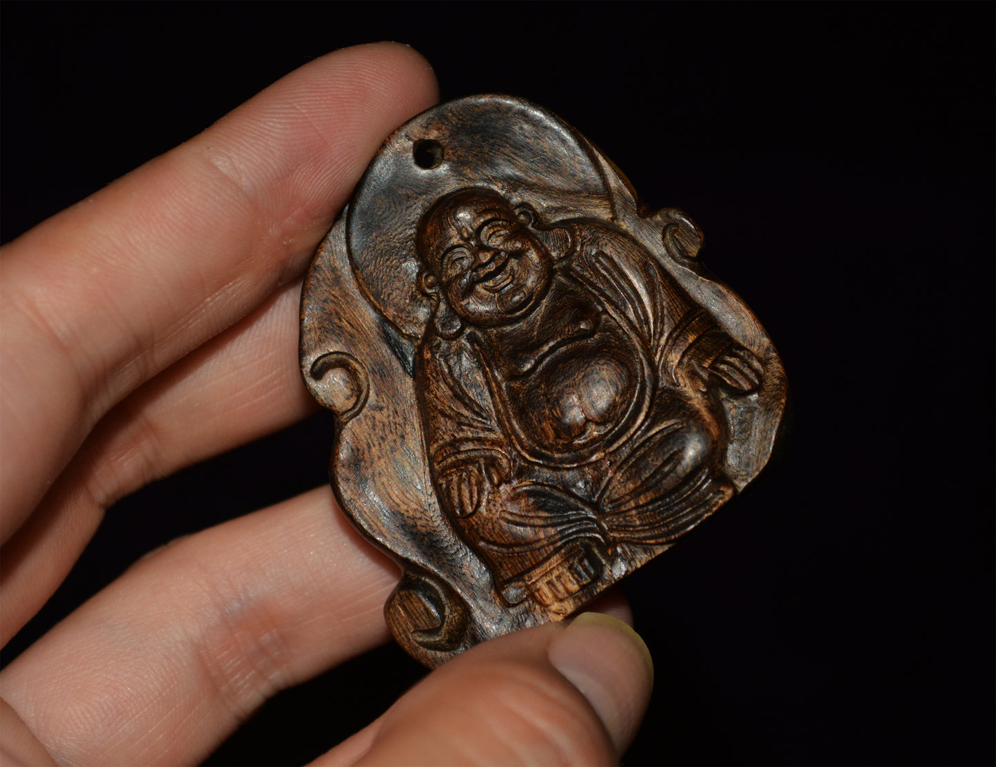 Natural Kalimantan Agarwood Happy Smile Buddha Pendant  Real Wild Aloeswood Kynam Qinan Kinam Netsuke Amulet