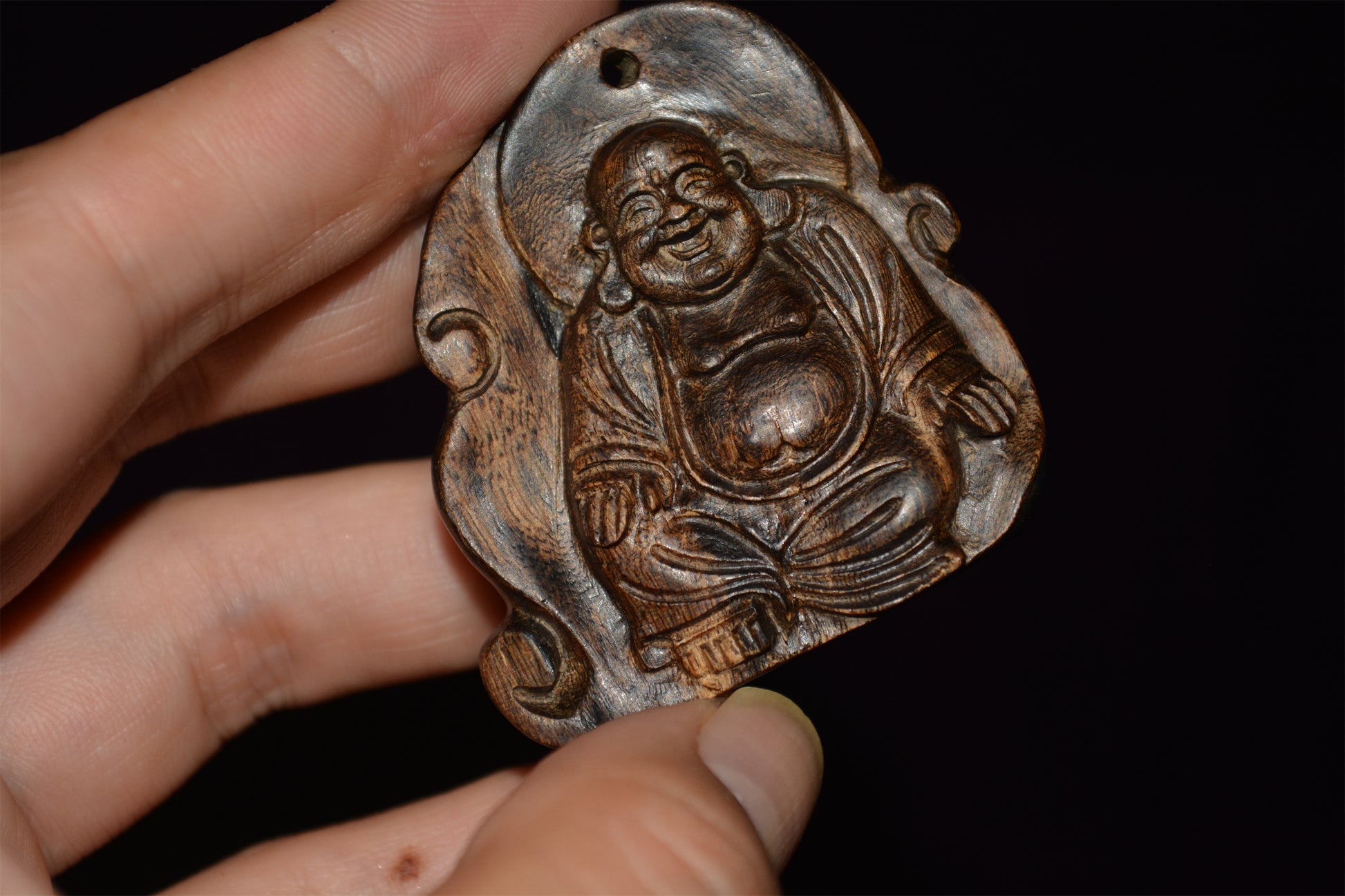 Natural Kalimantan Agarwood Happy Smile Buddha Pendant  Real Wild Aloeswood Kynam Qinan Kinam Netsuke Amulet