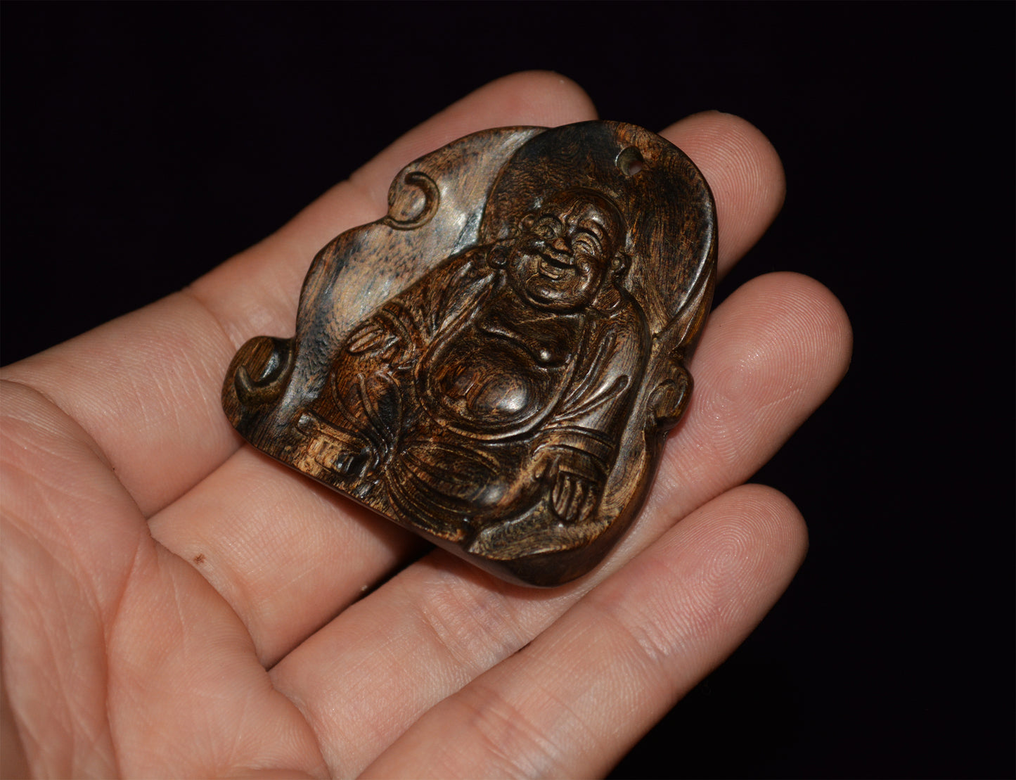 Natural Kalimantan Agarwood Happy Smile Buddha Pendant  Real Wild Aloeswood Kynam Qinan Kinam Netsuke Amulet