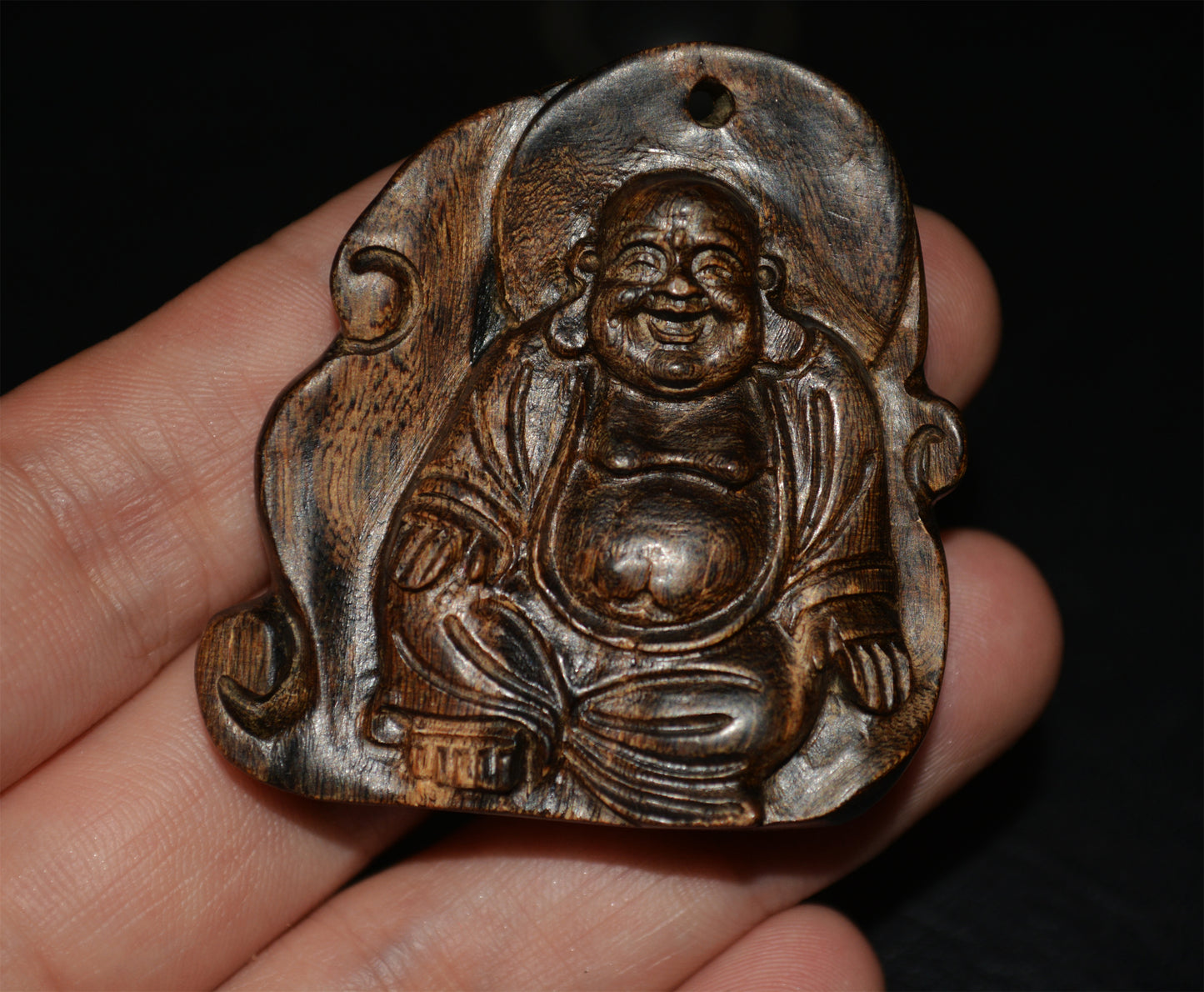 Natural Kalimantan Agarwood Happy Smile Buddha Pendant  Real Wild Aloeswood Kynam Qinan Kinam Netsuke Amulet