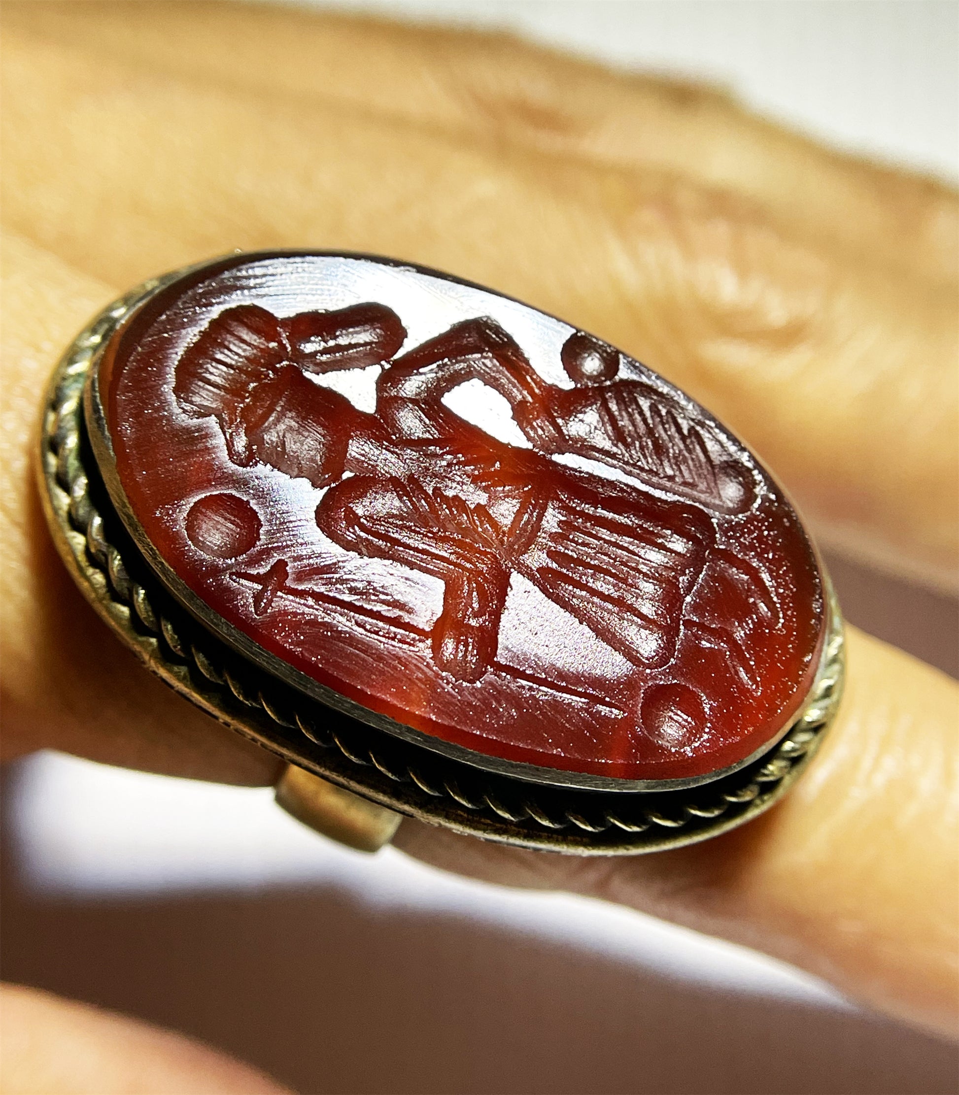 Old Ancient Agate Stone Sassanian Ring Seal Stamp Intaglio Bead Carnelian Pendant Engraved