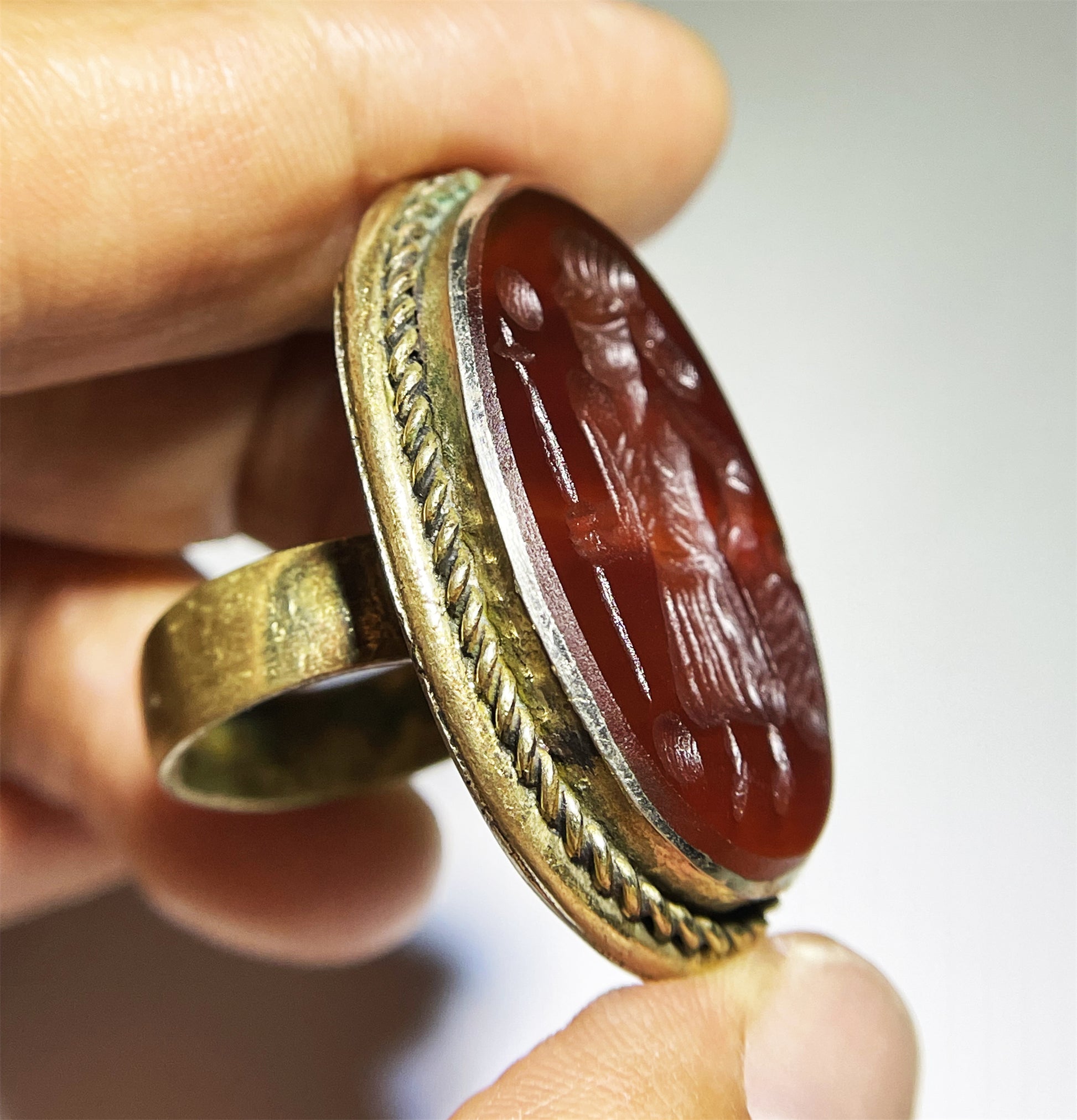 Old Ancient Agate Stone Sassanian Ring Seal Stamp Intaglio Bead Carnelian Pendant Engraved