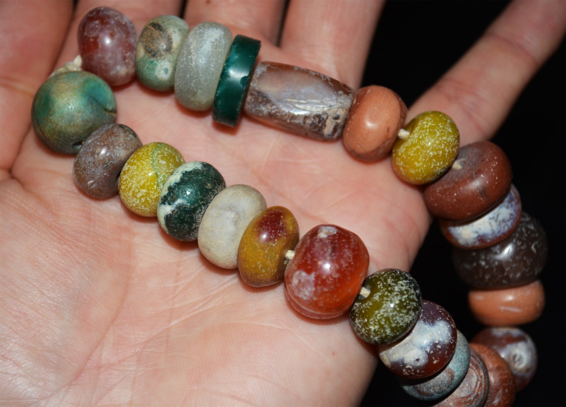 Old Ancient Excavated Agate Beads Amazonite Bracelet Real Carnelian Banded Strands Antique Genuine Amulet Mala