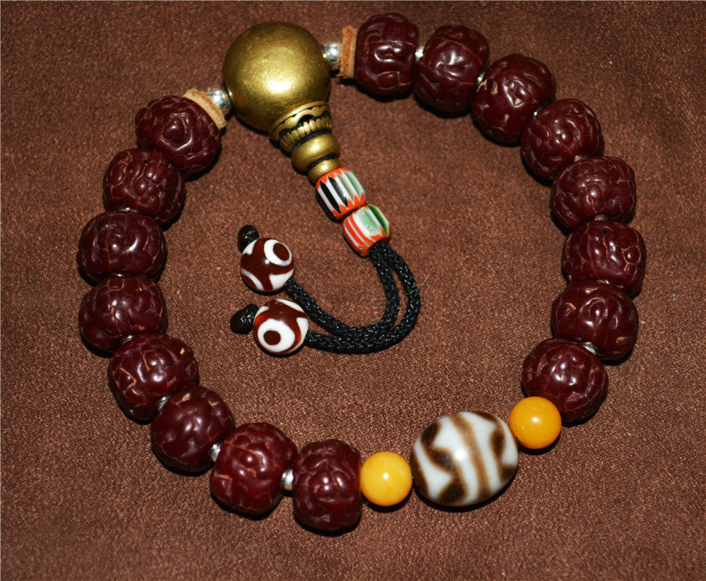 Old Antique Rudraksha Bodhi Seeds Mala Prayer Beads Bracelet Tiger Tooth Dzi Bead Tibetan