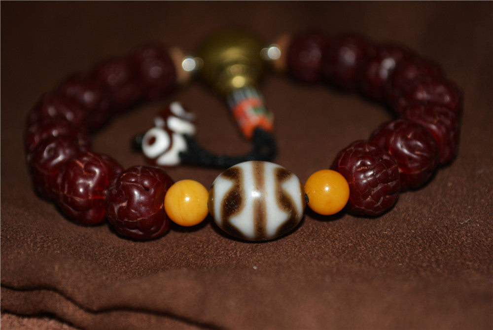 Old Antique Rudraksha Bodhi Seeds Mala Prayer Beads Bracelet Tiger Tooth Dzi Bead Tibetan