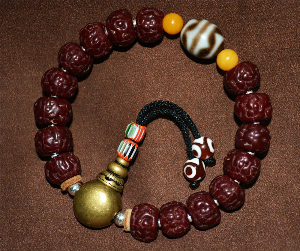 Old Antique Rudraksha Bodhi Seeds Mala Prayer Beads Bracelet Tiger Tooth Dzi Bead Tibetan