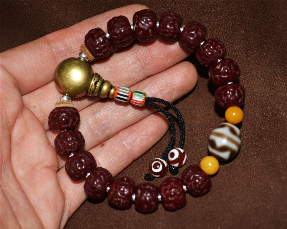 Old Antique Rudraksha Bodhi Seeds Mala Prayer Beads Bracelet Tiger Tooth Dzi Bead Tibetan