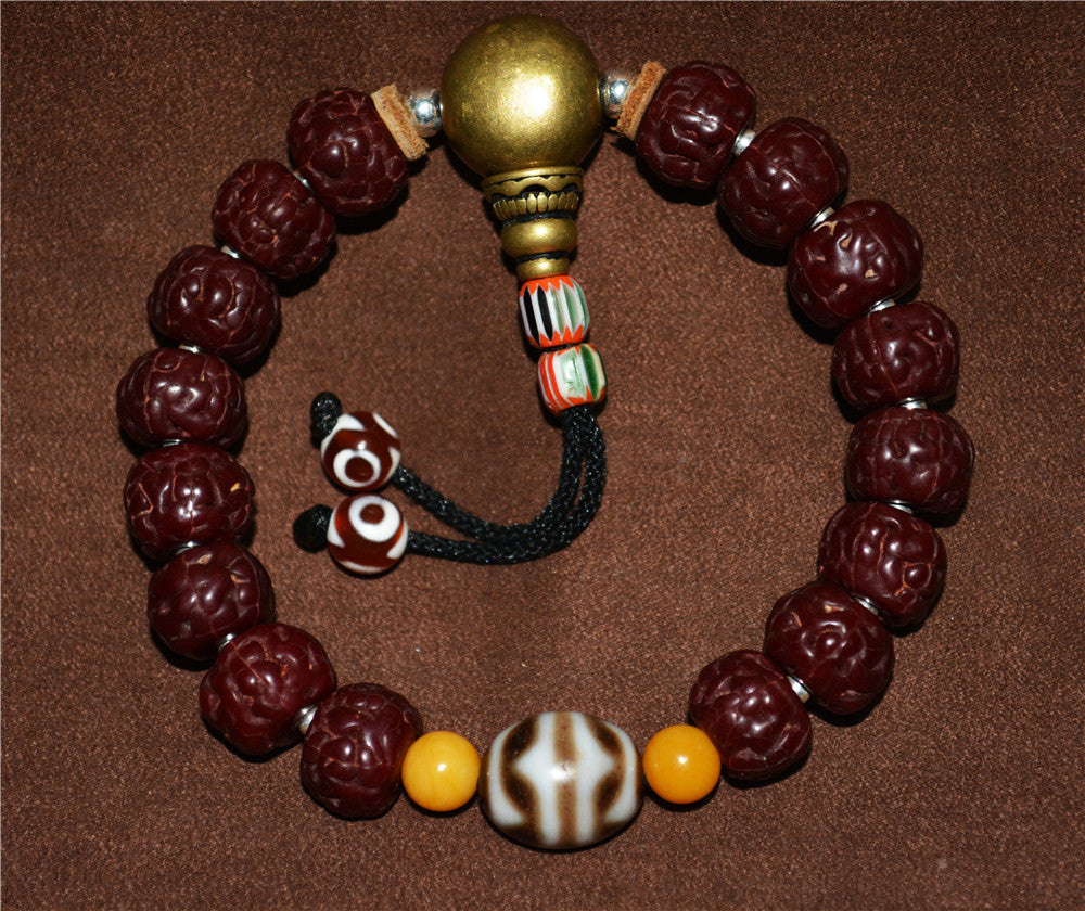 Old Antique Rudraksha Bodhi Seeds Mala Prayer Beads Bracelet Tiger Tooth Dzi Bead Tibetan