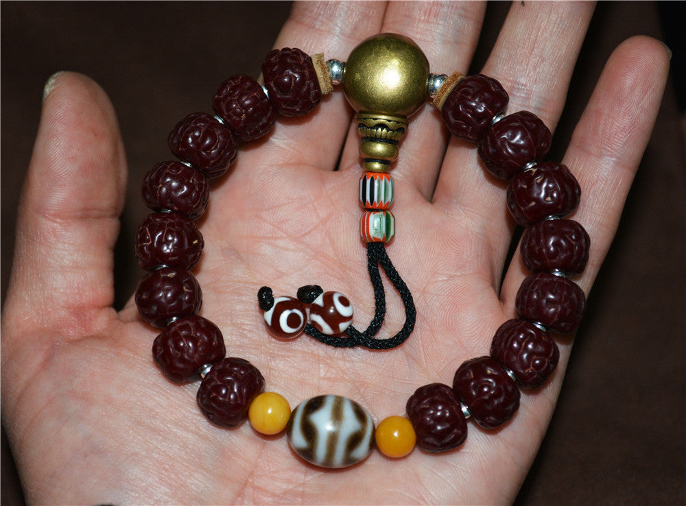 Old Antique Rudraksha Bodhi Seeds Mala Prayer Beads Bracelet Tiger Tooth Dzi Bead Tibetan