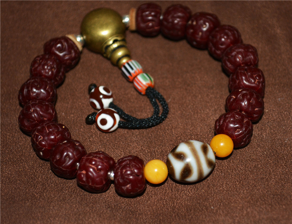 Old Antique Rudraksha Bodhi Seeds Mala Prayer Beads Bracelet Tiger Tooth Dzi Bead Tibetan