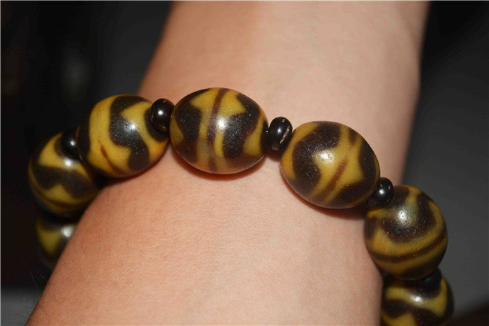 Real Ancient Himalayan Tiger Tooth Dzi Bead Bracelet Tibet Amulet Water Wave Genuine Zigzag Mala Agate Gzi Pendant