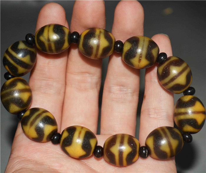 Real Ancient Himalayan Tiger Tooth Dzi Bead Bracelet Tibet Amulet Water Wave Genuine Zigzag Mala Agate Gzi Pendant