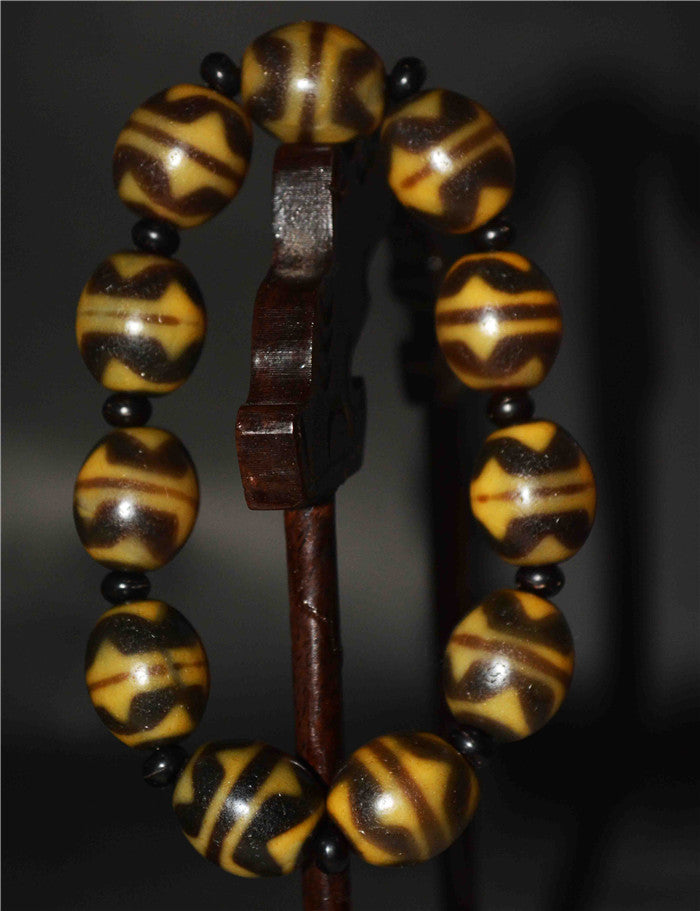 Real Ancient Himalayan Tiger Tooth Dzi Bead Bracelet Tibet Amulet Water Wave Genuine Zigzag Mala Agate Gzi Pendant