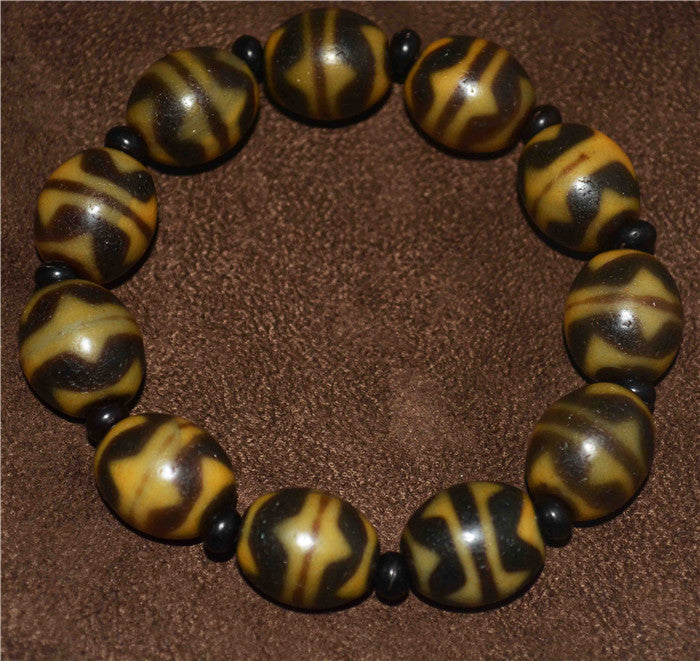 Real Ancient Himalayan Tiger Tooth Dzi Bead Bracelet Tibet Amulet Water Wave Genuine Zigzag Mala Agate Gzi Pendant