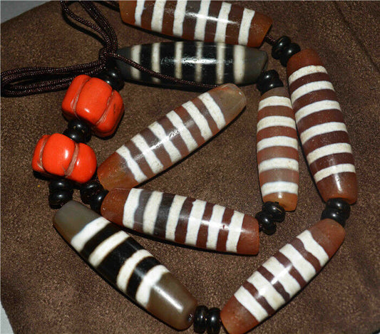 Real Ancient Tibetan Seven Six Stripes Dzi Bead Necklace Amulet Himalayan Agate Genuine Striped Gzi