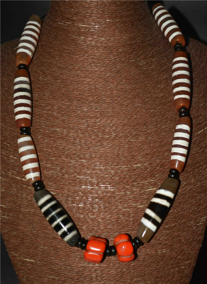 Real Ancient Tibetan Seven Six Stripes Dzi Bead Necklace Amulet Himalayan Agate Genuine Striped Gzi