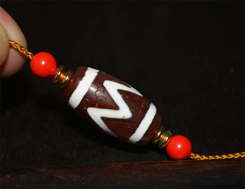 Real Antique Tibetan Tiger Tooth Dzi Bead Amulet Cinnabar Bloodspots Himalaya Water Wave Gzi Pendant Genuine Old Antique Agate ZigZag Talisman Bracelet