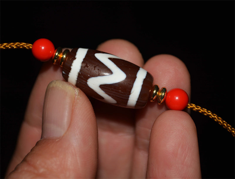 Real Antique Tibetan Tiger Tooth Dzi Bead Amulet Cinnabar Bloodspots Himalaya Water Wave Gzi Pendant Genuine Old Antique Agate ZigZag Talisman Bracelet