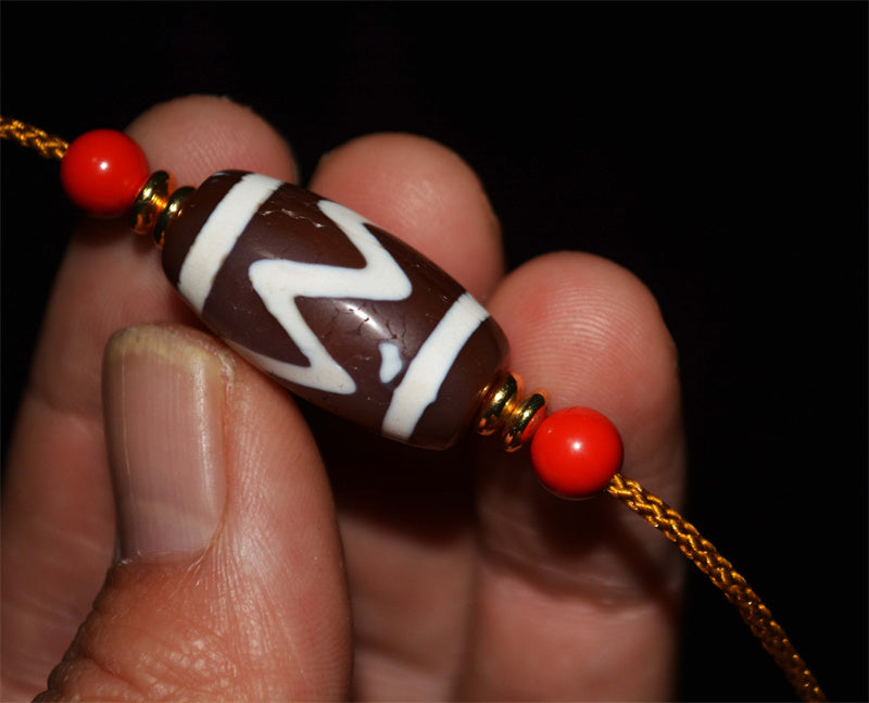 Real Antique Tibetan Tiger Tooth Dzi Bead Amulet Cinnabar Bloodspots Himalaya Water Wave Gzi Pendant Genuine Old Antique Agate ZigZag Talisman Bracelet