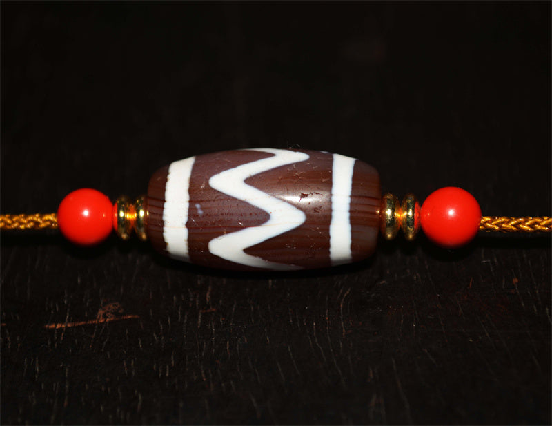 Real Antique Tibetan Tiger Tooth Dzi Bead Amulet Cinnabar Bloodspots Himalaya Water Wave Gzi Pendant Genuine Old Antique Agate ZigZag Talisman Bracelet