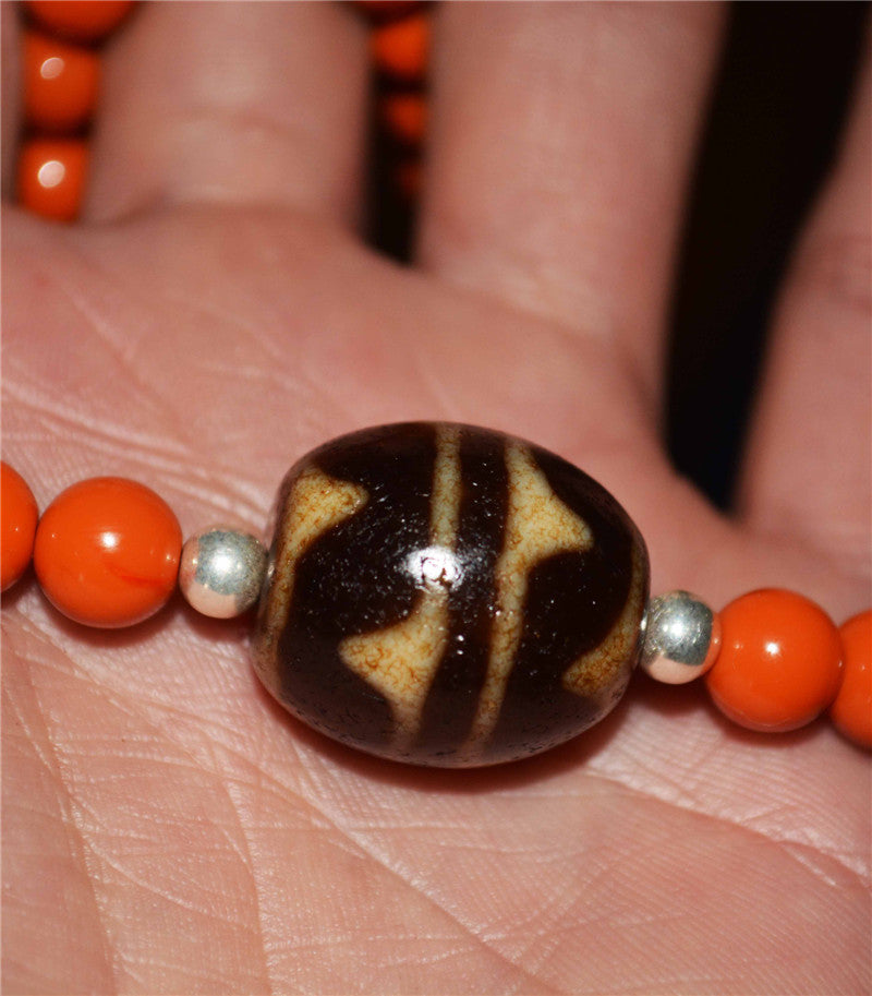 Real Ancient Tibetan Tiger Tooth Dzi Bead Amulet Necklace Pema Raka Agate Water Wave Himalaya Genuine Zigzag Gzi Pendant