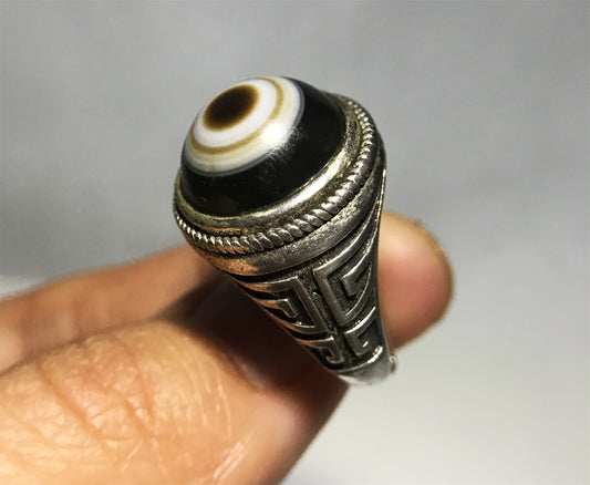 Real Antique One Eye Lukmik Eye Dzi Bead Ring Tibetan Old Medicine Agate Amulet Himalaya Genuine Banded Natural Luk Mik Gzi Prayer Talisman