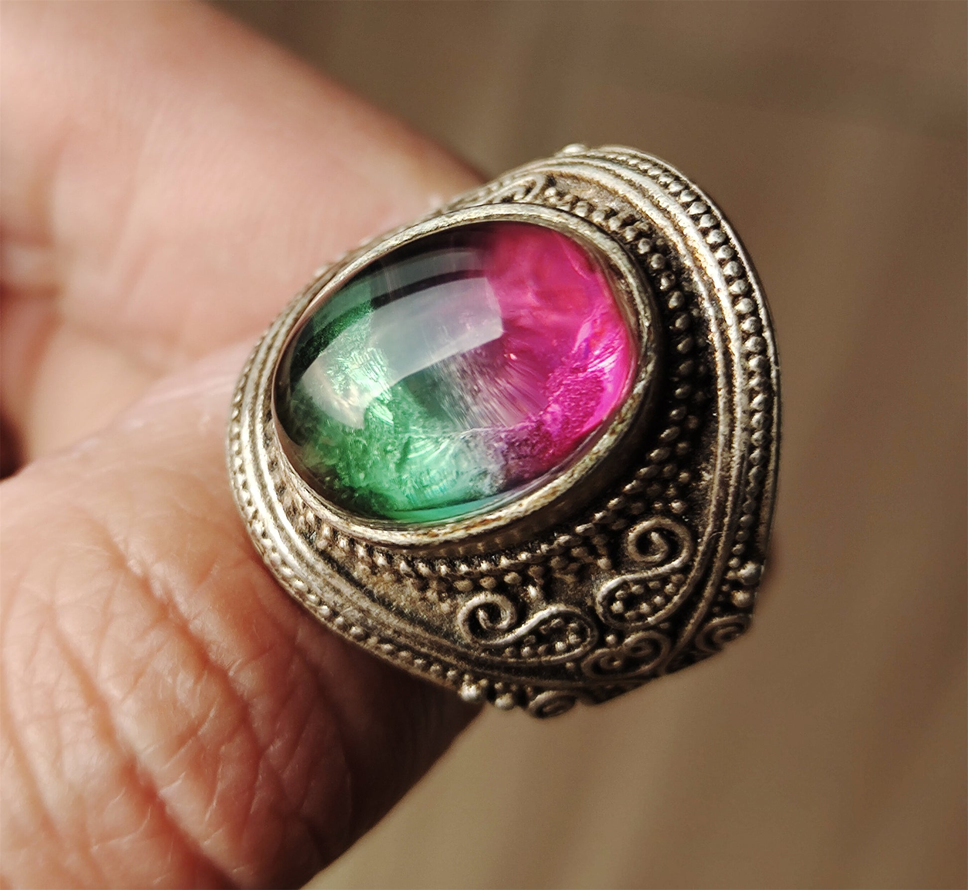 Real Antique Natural Tourmaline Ring Watermelon Crystal Green China Old Certified Real Gemstone Multi Color Pink Purple Green