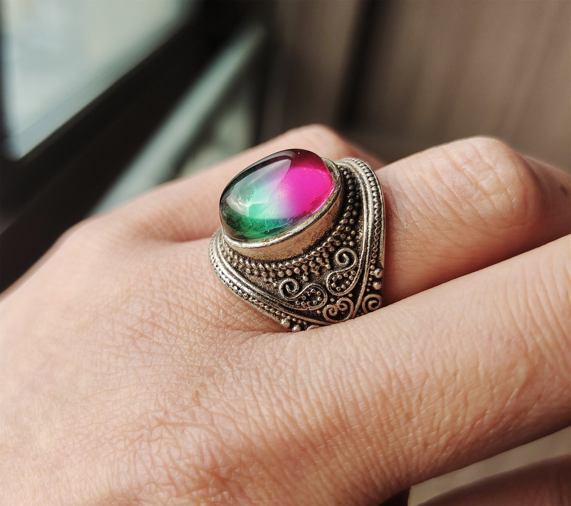 Real Antique Natural Tourmaline Ring Watermelon Crystal Green China Old Certified Real Gemstone Multi Color Pink Purple Green