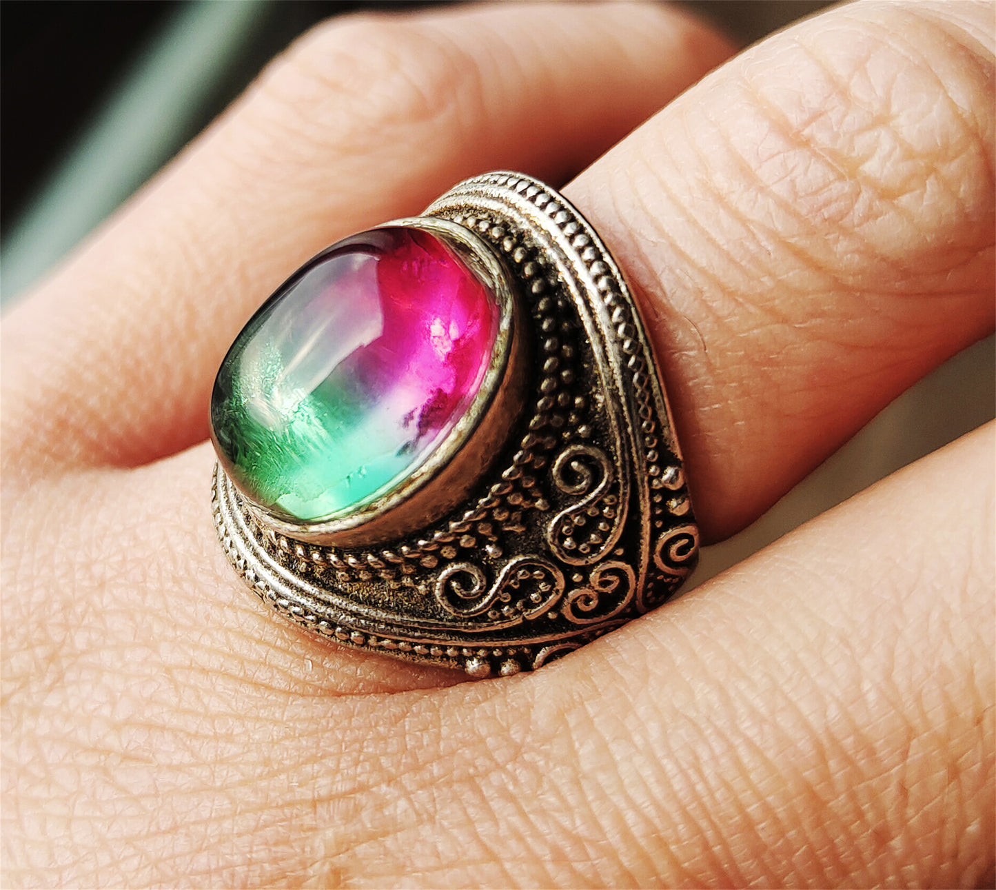 Real Antique Natural Tourmaline Ring Watermelon Crystal Green China Old Certified Real Gemstone Multi Color Pink Purple Green