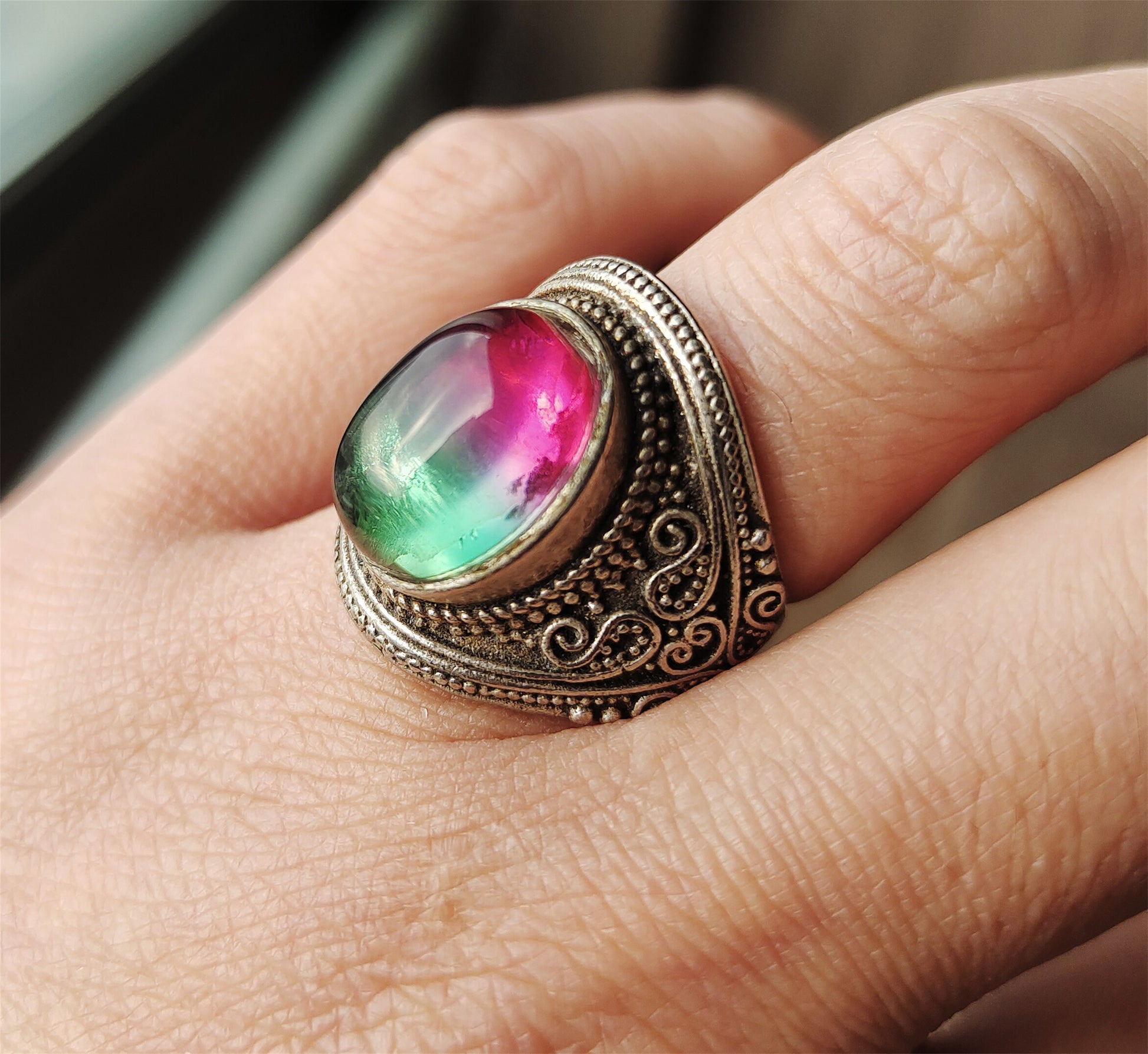 Real Antique Natural Tourmaline Ring Watermelon Crystal Green China Old Certified Real Gemstone Multi Color Pink Purple Green