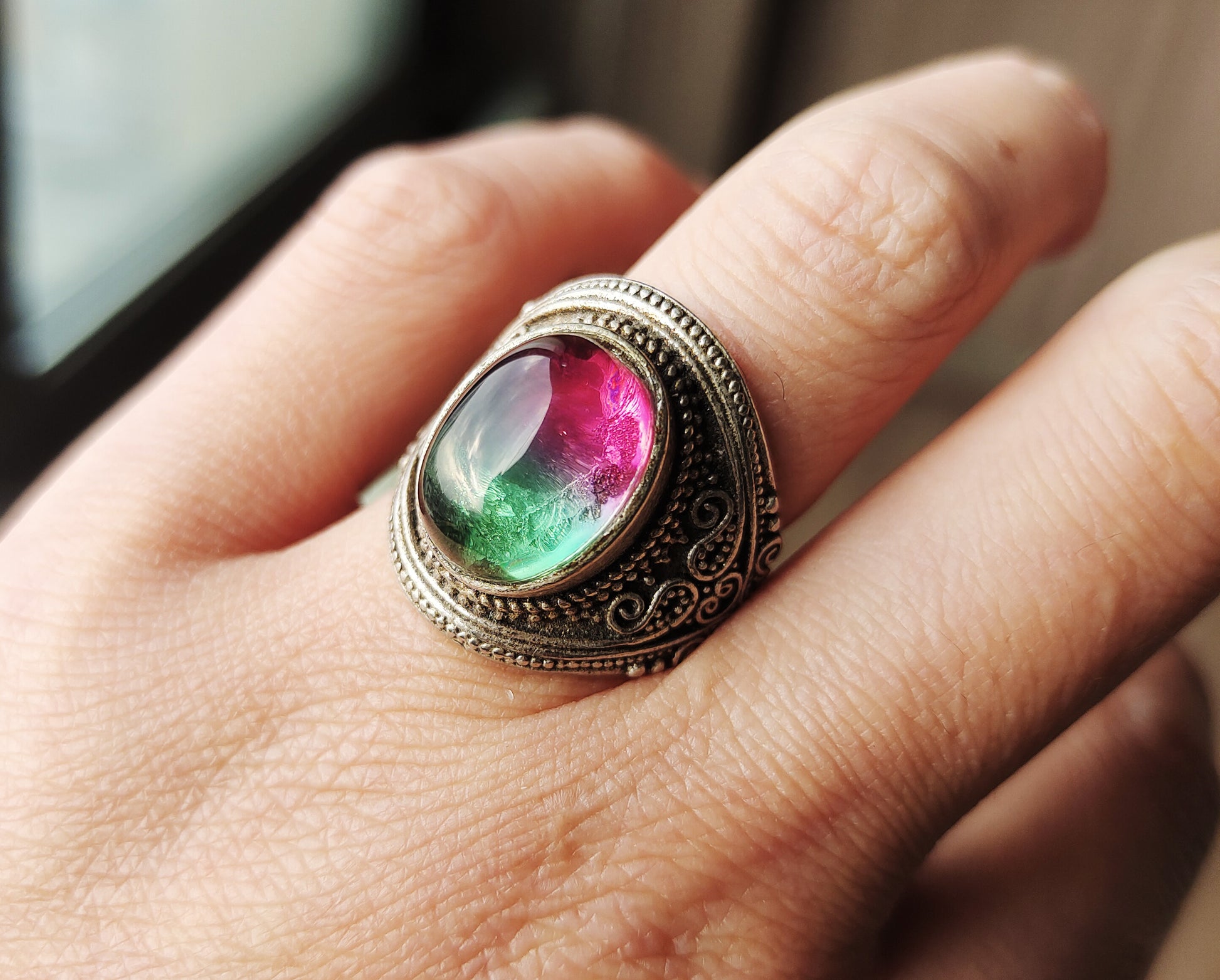 Real Antique Natural Tourmaline Ring Watermelon Crystal Green China Old Certified Real Gemstone Multi Color Pink Purple Green