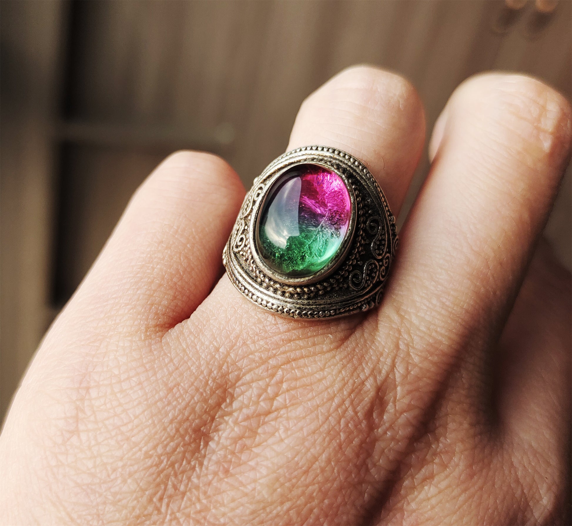 Real Antique Natural Tourmaline Ring Watermelon Crystal Green China Old Certified Real Gemstone Multi Color Pink Purple Green