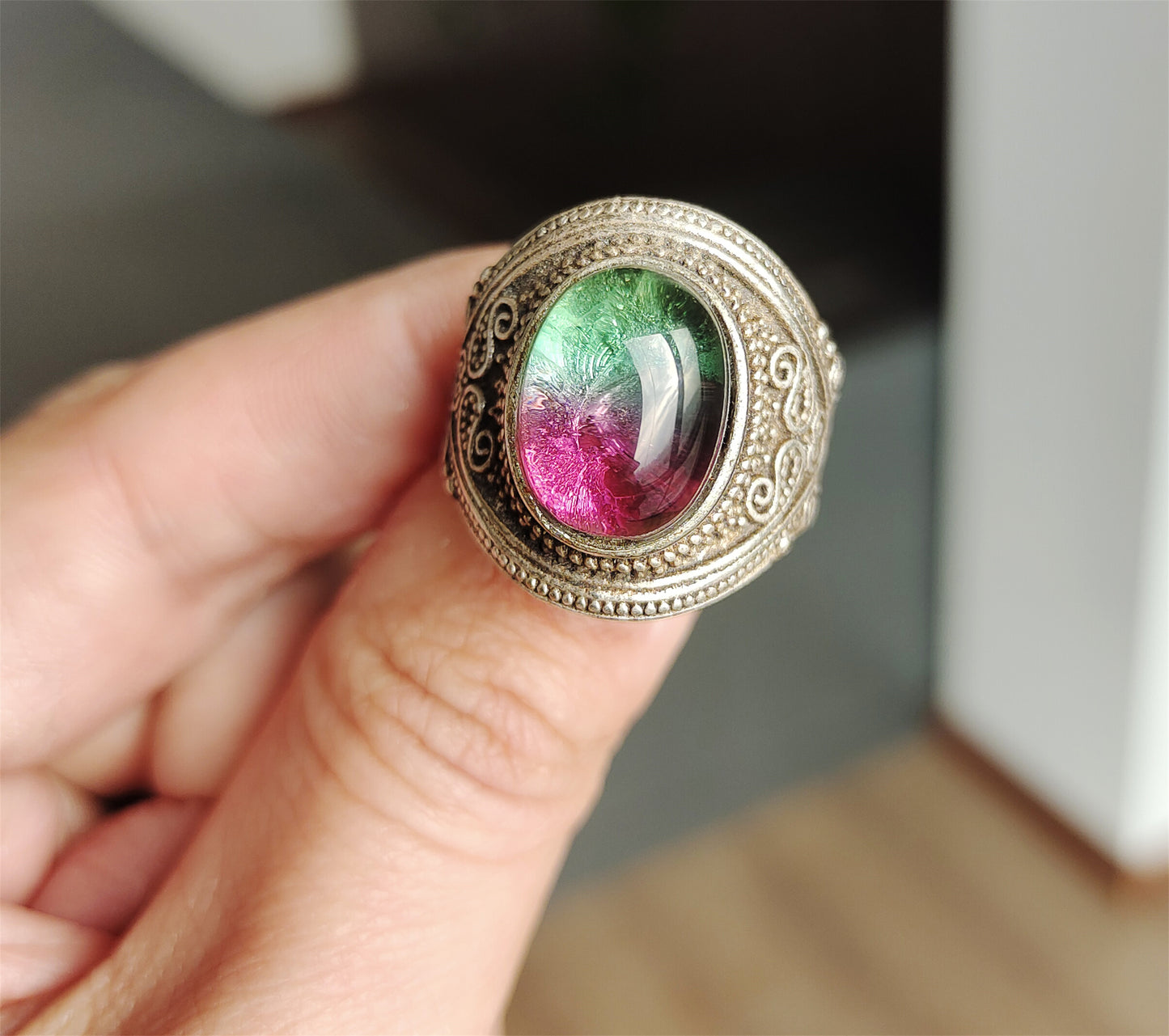 Real Antique Natural Tourmaline Ring Watermelon Crystal Green China Old Certified Real Gemstone Multi Color Pink Purple Green