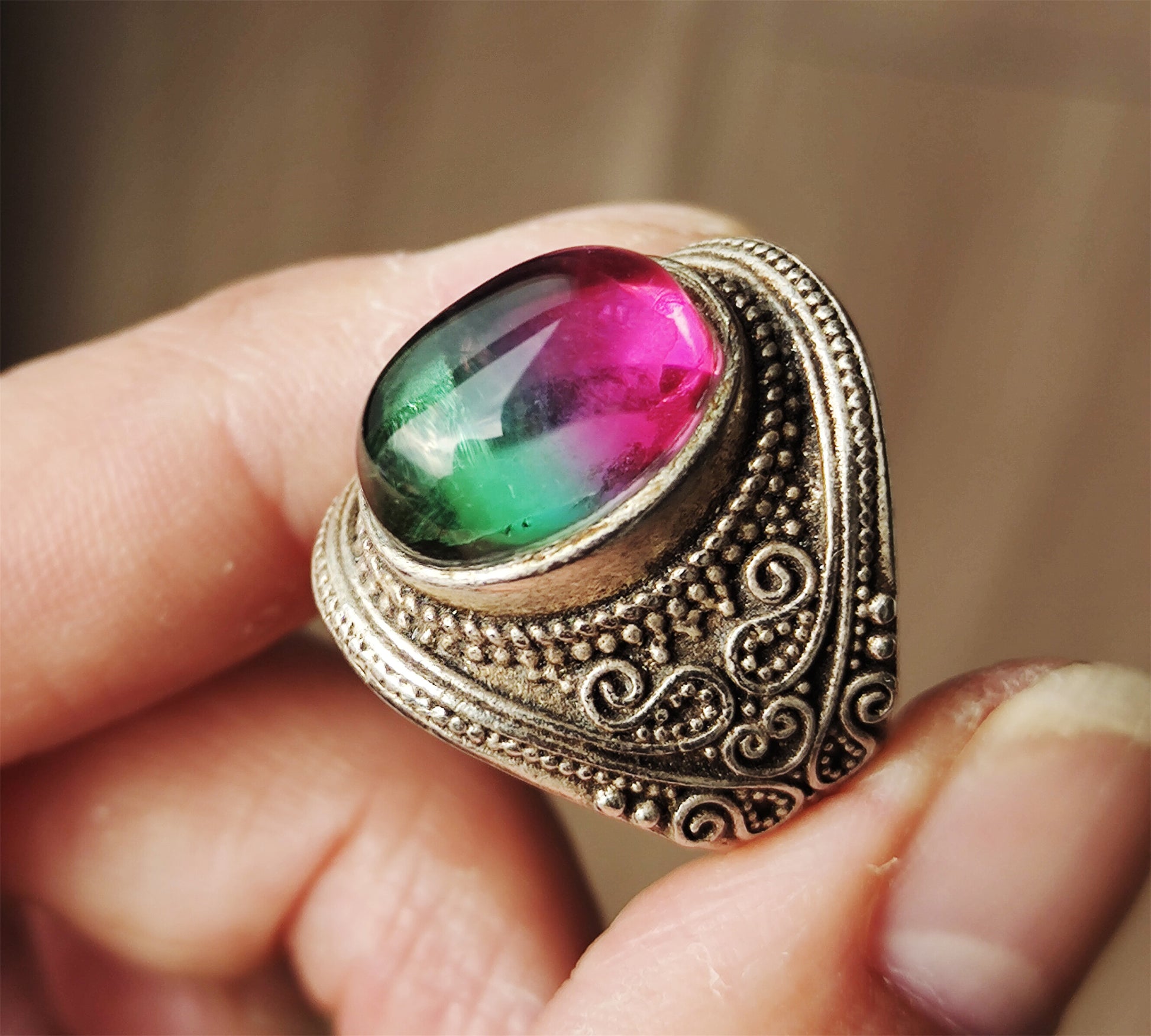 Real Antique Natural Tourmaline Ring Watermelon Crystal Green China Old Certified Real Gemstone Multi Color Pink Purple Green