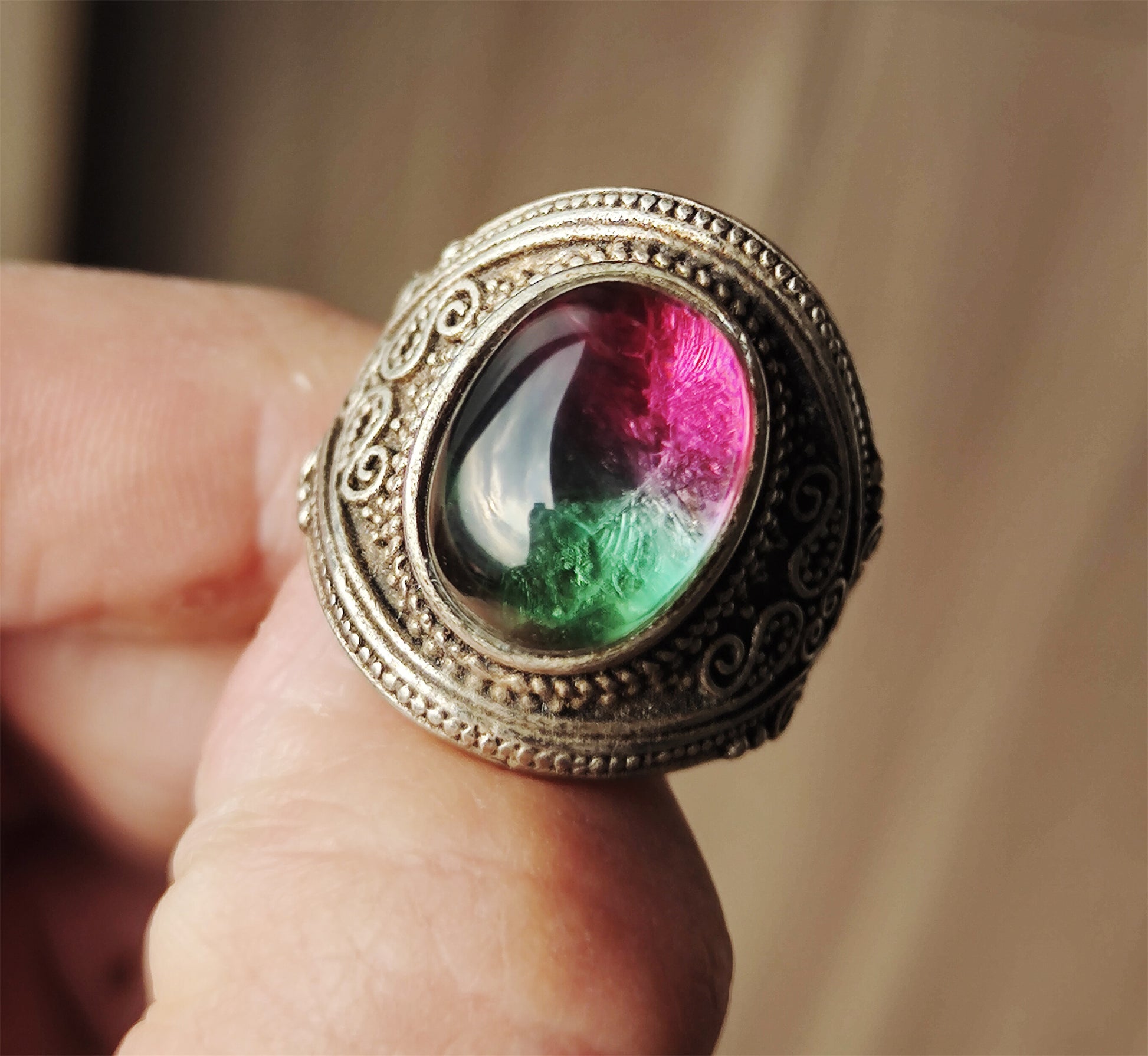 Real Antique Natural Tourmaline Ring Watermelon Crystal Green China Old Certified Real Gemstone Multi Color Pink Purple Green