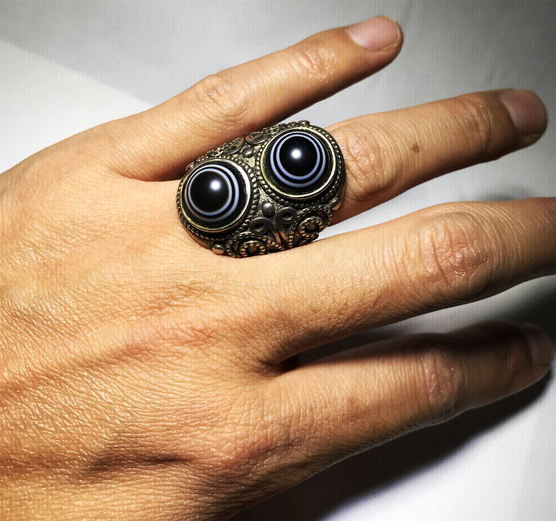 Real Antique One Eye Luk Mik Eye Dzi Bead Ring Tibetan Old Medicine Agate Amulet Himalaya Genuine Banded Natural LukMik Gzi Prayer Talisman