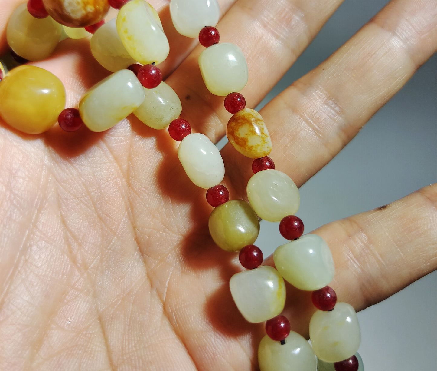 Real Chinese Antique White Hetian Jade Necklace Bracelet Nephrite Hotan Mala Prayer Beads Old Natural River Pebble Mutton Fat