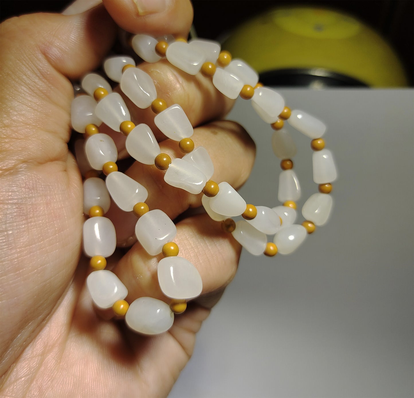 Real Chinese Antique White Hetian Jade Necklace Bracelet Nephrite Hotan Mala Prayer Beads Old Natural River Pebble Mutton Fat rosary
