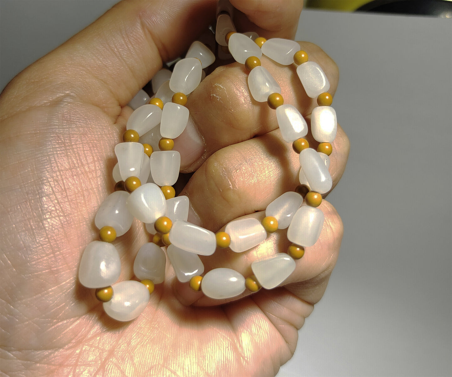 Real Chinese Antique White Hetian Jade Necklace Bracelet Nephrite Hotan Mala Prayer Beads Old Natural River Pebble Mutton Fat rosary