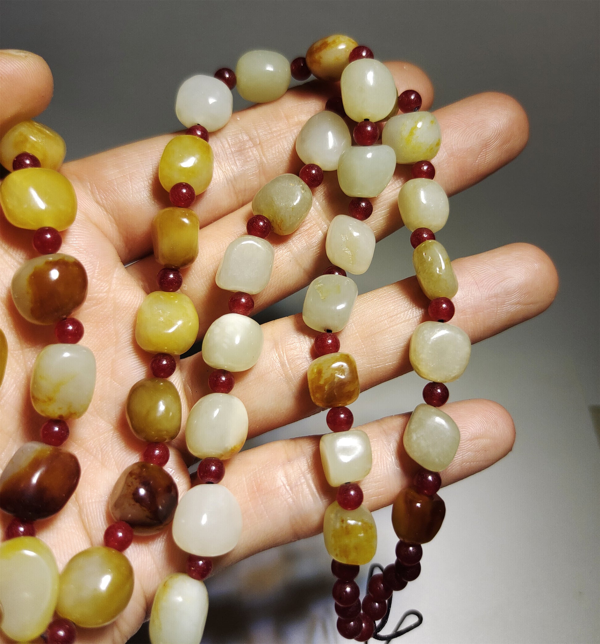 Real Chinese Antique White Hetian Jade Necklace Bracelet Nephrite Hotan Mala Prayer Beads Old Natural River Pebble Mutton Fat