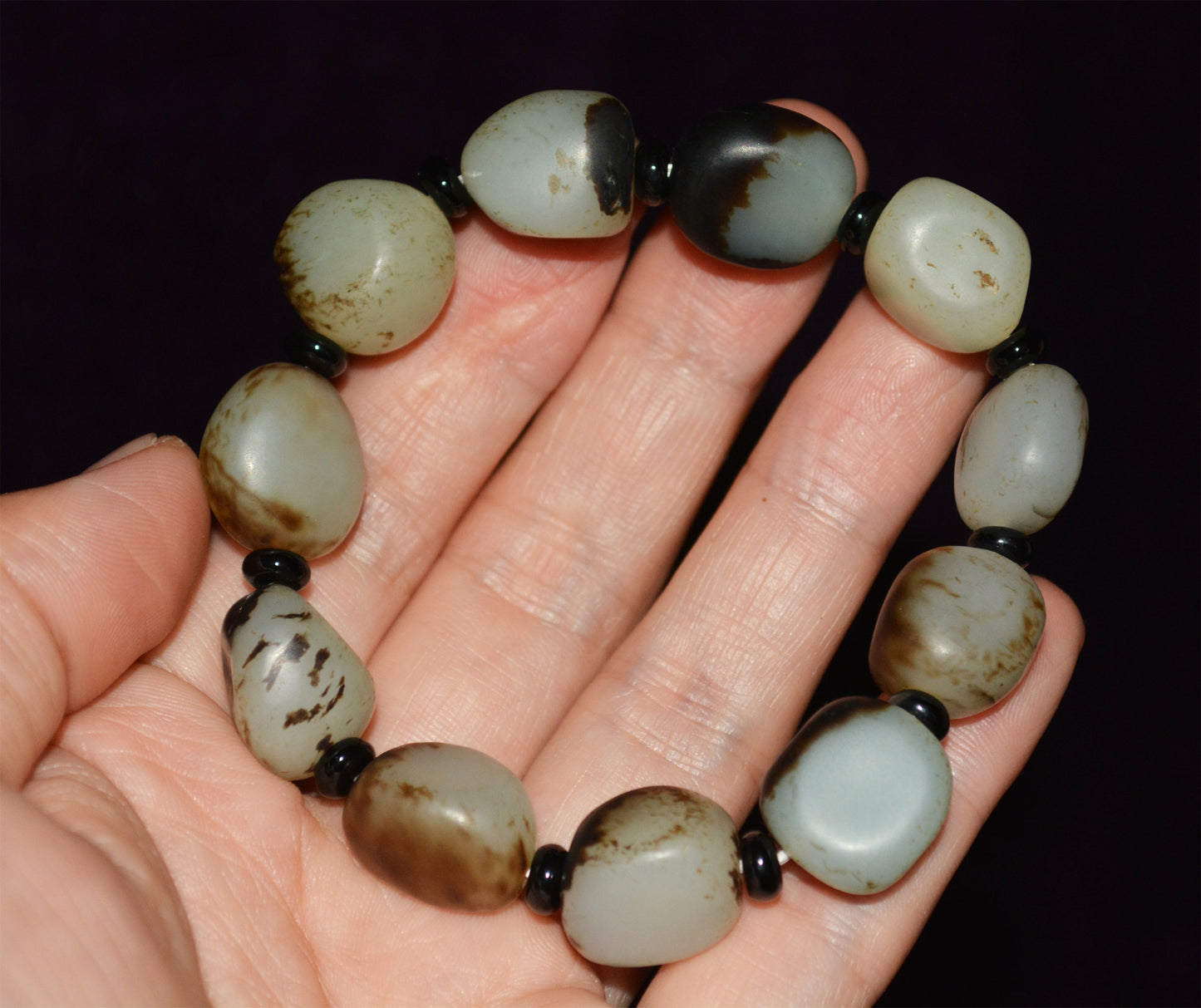 Real Chinese Hetian Jade Bracelet Old Antique Black White Nephrite Hotan Mala Prayer Beads Rosary Genuine River Pebble Mutton Fat  Authentic Natural 古董和田玉黑皮籽料手串