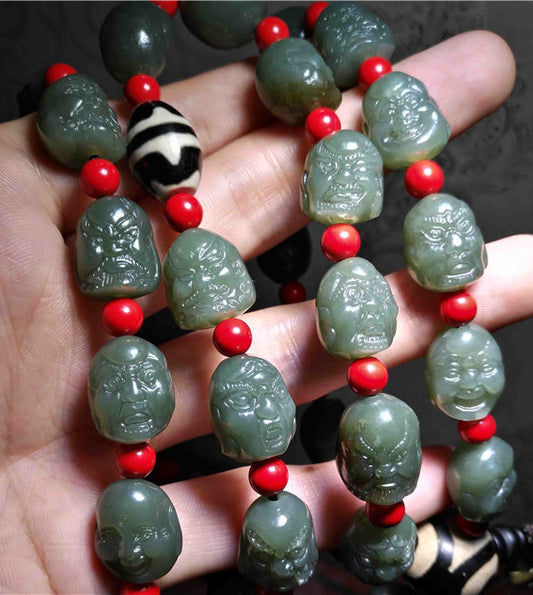 Real Chinese Old Antique 18 Lohan Arhats Mala Prayer Beads Bracelet Buddha Rosary Hotan Jade Hetian Necklace