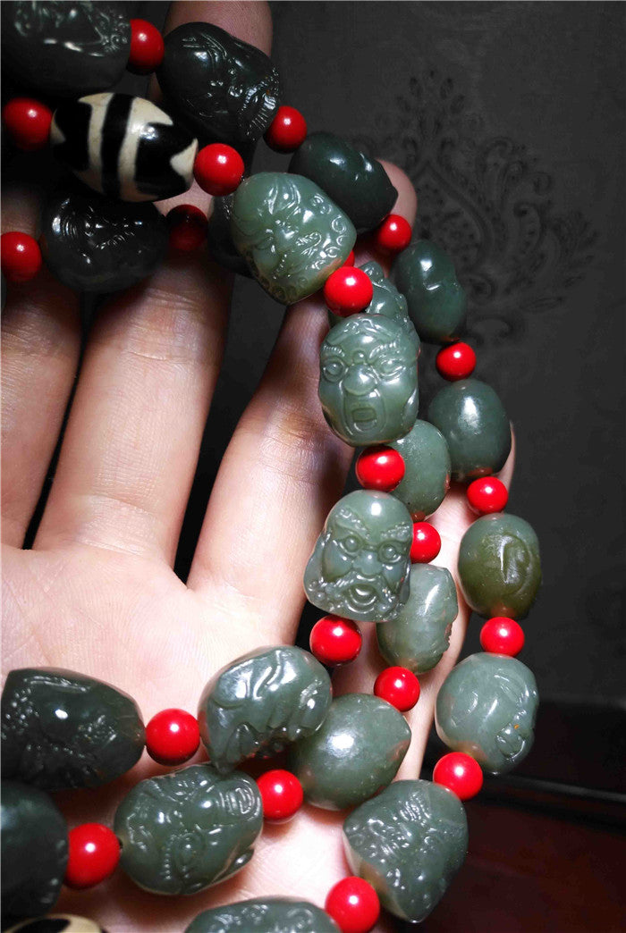 Real Chinese Old Antique 18 Lohan Arhats Mala Prayer Beads Bracelet Buddha Rosary Hotan Jade Hetian Necklace