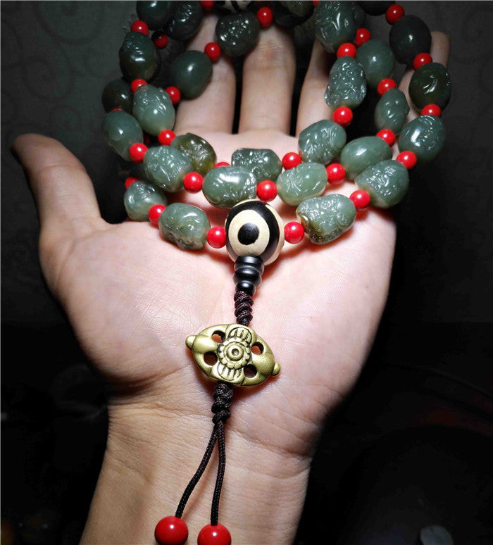 Real Chinese Old Antique 18 Lohan Arhats Mala Prayer Beads Bracelet Buddha Rosary Hotan Jade Hetian Necklace