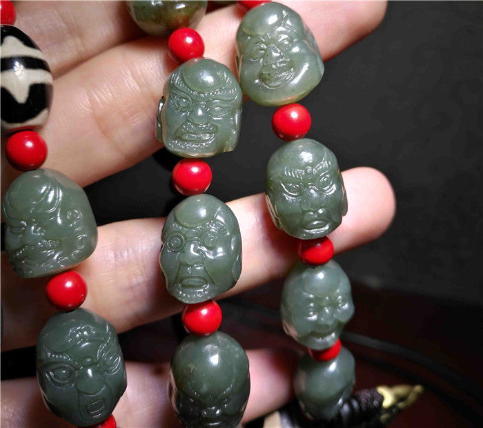 Real Chinese Old Antique 18 Lohan Arhats Mala Prayer Beads Bracelet Buddha Rosary Hotan Jade Hetian Necklace