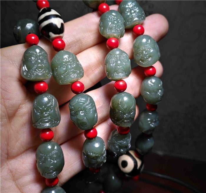 Real Chinese Old Antique 18 Lohan Arhats Mala Prayer Beads Bracelet Buddha Rosary Hotan Jade Hetian Necklace