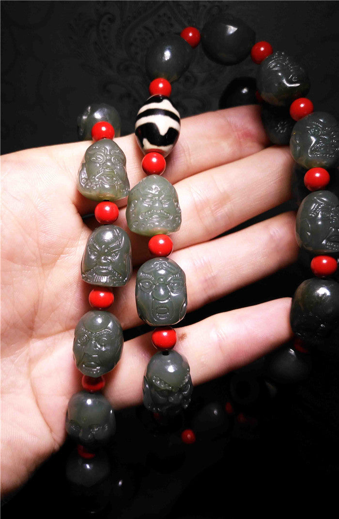 Real Chinese Old Antique 18 Lohan Arhats Mala Prayer Beads Bracelet Buddha Rosary Hotan Jade Hetian Necklace