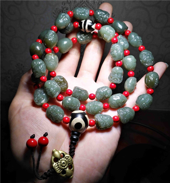 Real Chinese Old Antique 18 Lohan Arhats Mala Prayer Beads Bracelet Buddha Rosary Hotan Jade Hetian Necklace