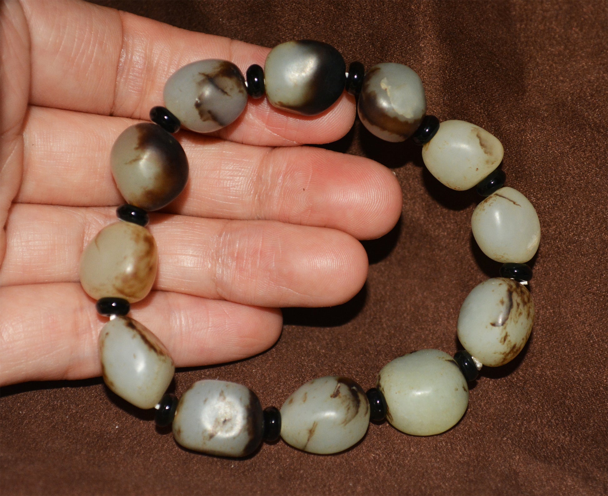 Real Chinese Old Antique Black White Hetian Jade Bracelet Nephrite Hotan Mala Prayer Beads Rosary Genuine River Pebble Mutton Fat  Authentic Natural 和田玉籽料手串