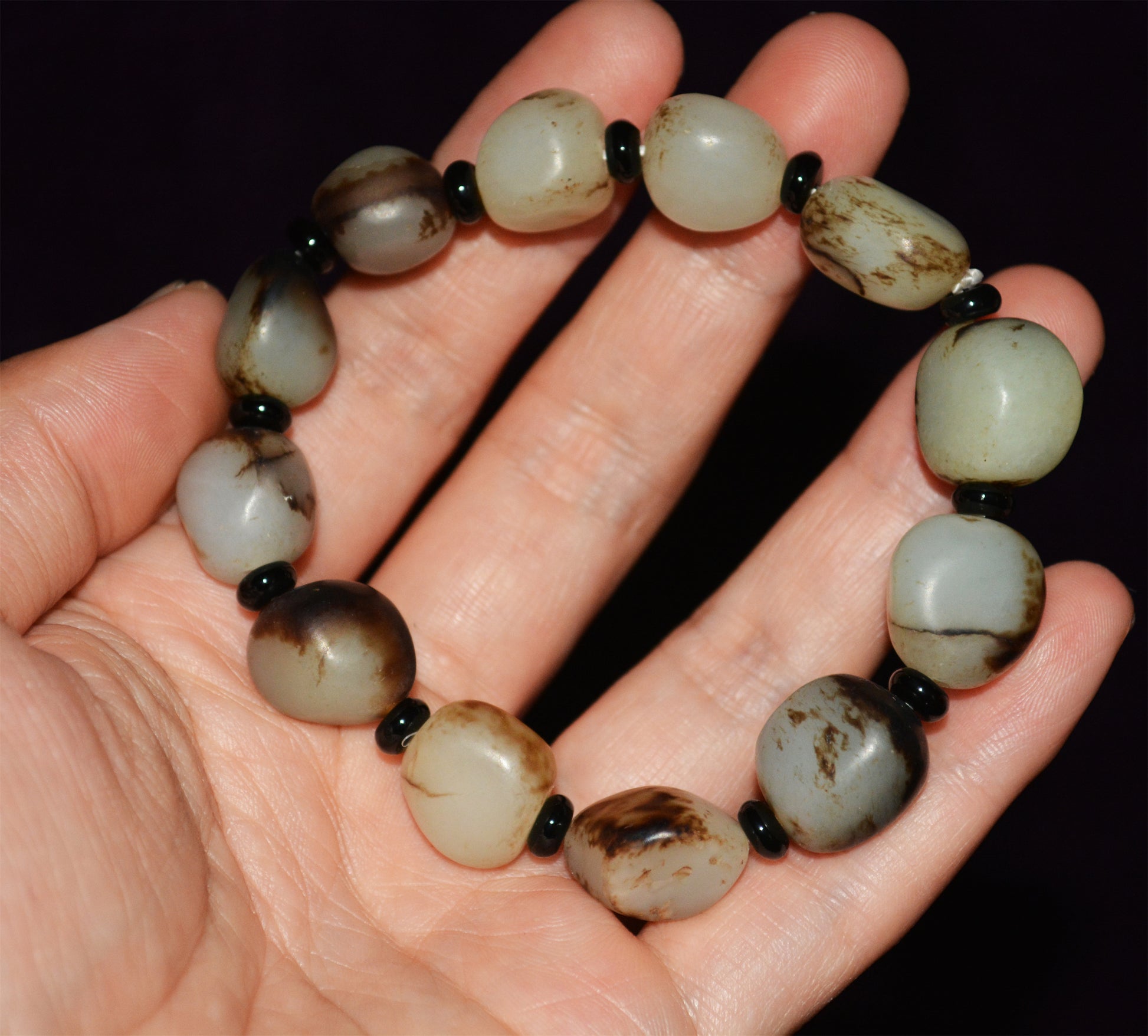 Real Chinese Old Antique Black White Hetian Jade Bracelet Nephrite Hotan Mala Prayer Beads Rosary Genuine River Pebble Mutton Fat  Authentic Natural 和田玉籽料手串